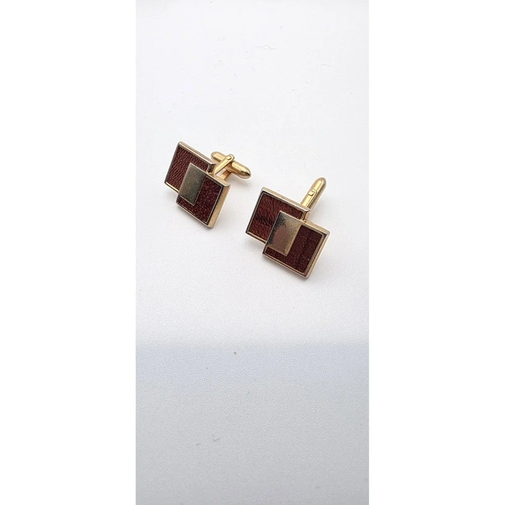 Vintage‎ SWANK CuffLinks & Tir Clip Bar Set 1950s Brown Leather Inlayed in Brass